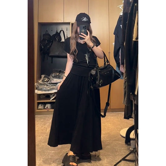 LF【2点セット 】Vネック Tシャツ スカート ゆったり ブラックセット Anne