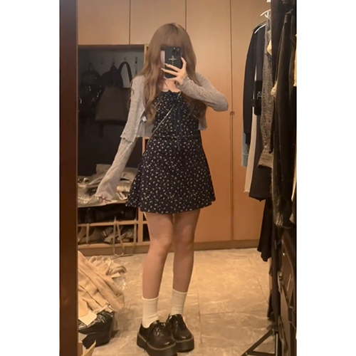 LF ネイビー小花柄 カップ付きキャミワンピース+UVカットカーディガンセット Anne