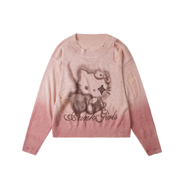 LF04 かっこかわいい Kittyニットシャツ ブラウス ダメージ