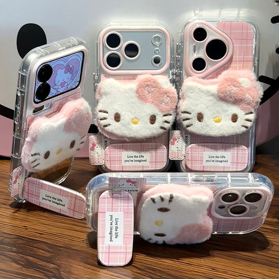LF ハローキティ スマホケース スタンド機能付き クリアケース ピンクチェック 可愛い 耐衝撃