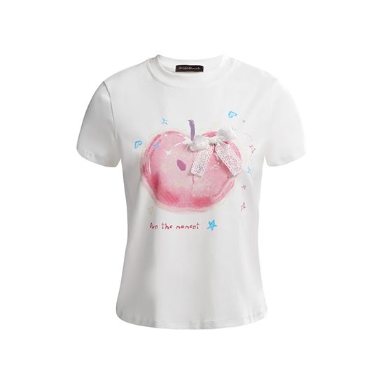 LF04 夏新作 かわいい風 フルーツリンゴプリント Tシャツ ゆったり