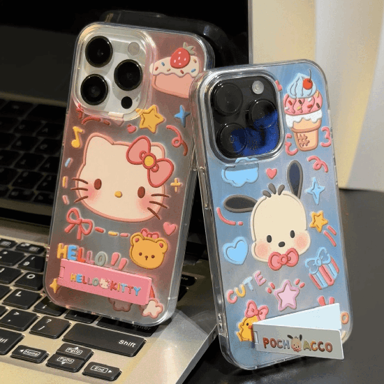LF 可愛い ポチャッコ&ハローキティ スマホケース 携帯電話ケース 折り畳み式スタンド付き