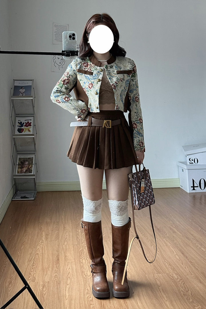 【予約】XYW 秋新作 ブラウン ショート長袖コート + プリーツスカート + ベルト セット レトロスタイル
