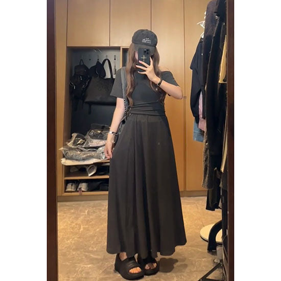 LF 【2点セット】カジュアル オシャレ オフショルダー ロングスカート 後ろ紐結びデザイン Anne