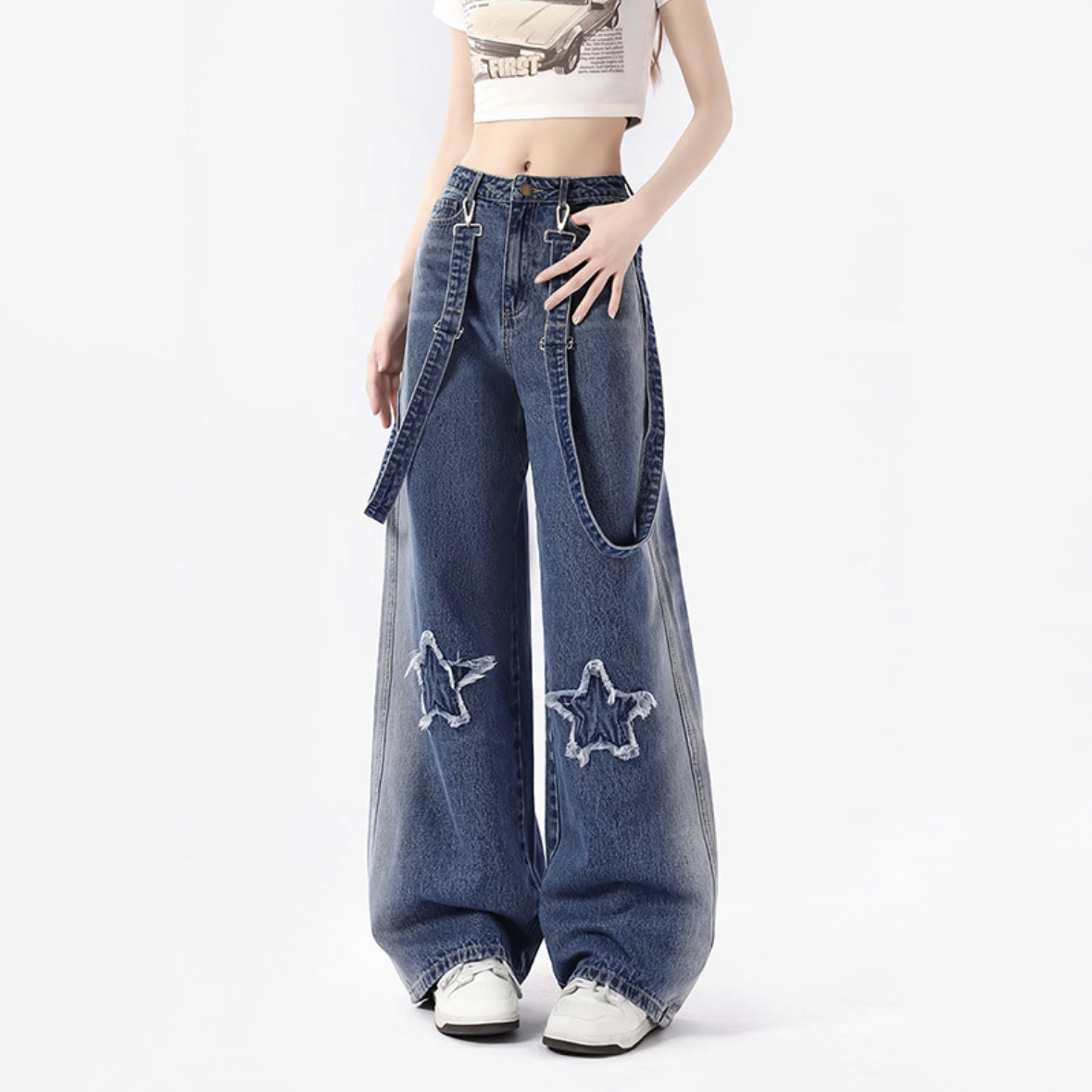 LF04 五芒星 サスペンダージーンズ ウエストデザイン ストリート かっこかわいい
