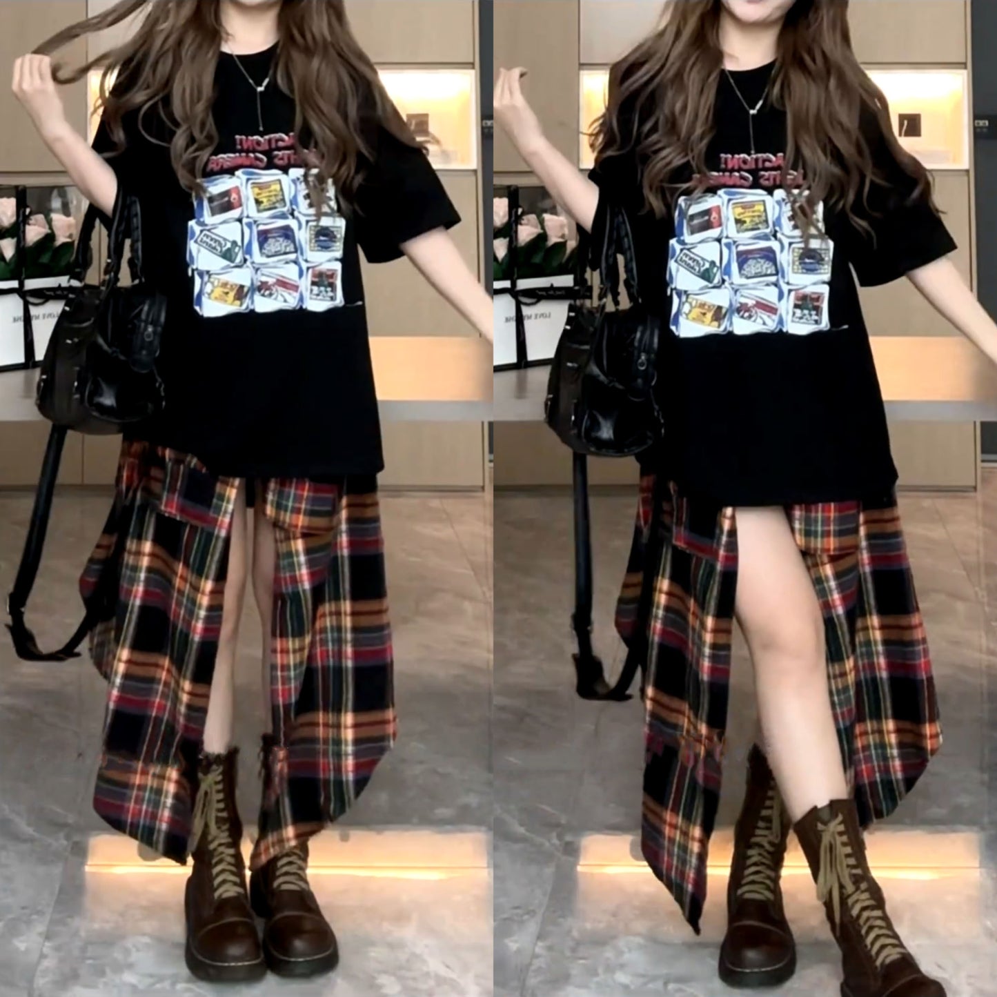 LF ハイウエスト チェック柄 イレギュラースカート 着やせ オシャレ かっこいい Anne