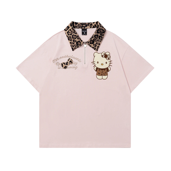 LF04 夏新作 Kitty ヒョウ柄ポロカラー Tシャツ ゆったり かっこかわいい