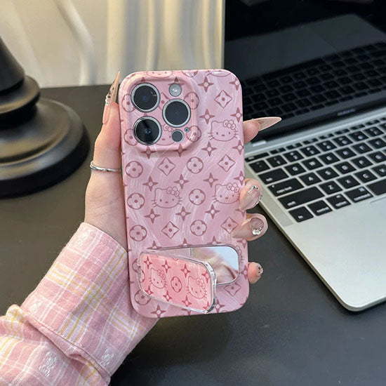 LF かわいい ピンクKT 化粧鏡付きスマホケース 携帯電話ケース 粘着式スマホホルダー付き