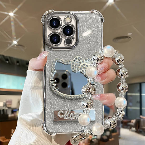 LF 鏡付き 折り畳みホルダー付き スマホケース 携帯電話ケース Hello Kitty ハートリボンチェーン