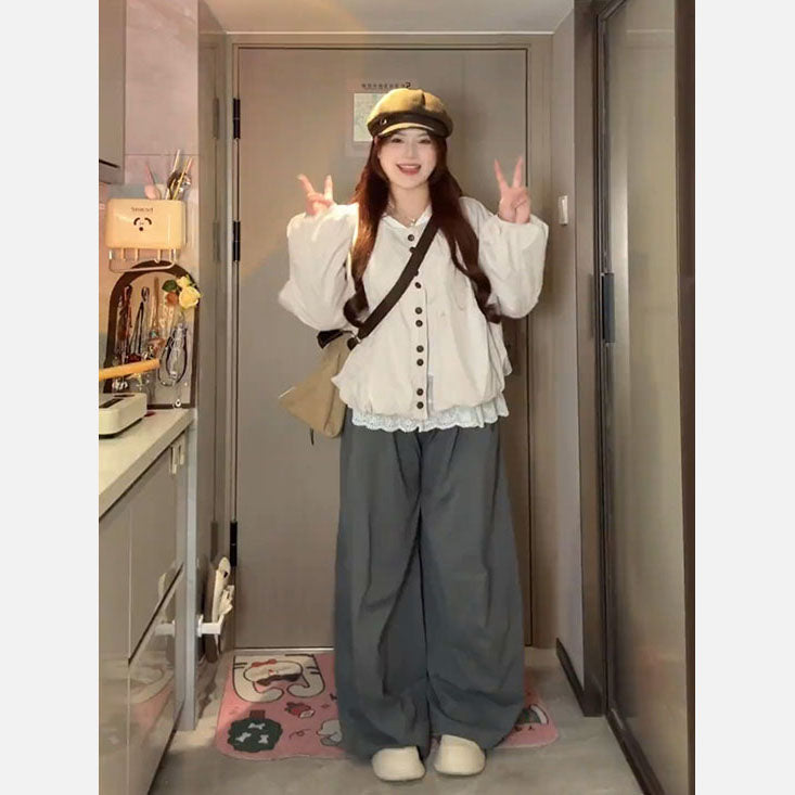 LF かわいい 韓国系コート レースインナーシャツ ワイドパンツ 着痩せ ゆったり セット