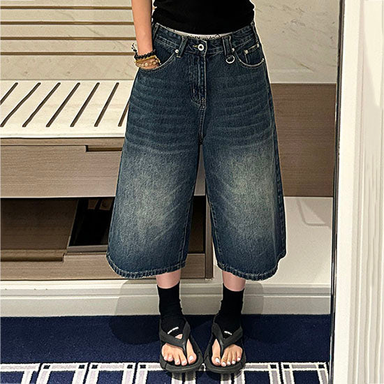 LF04 アメリカンレトロ ゆるストレートクロップドデニムパンツ ワイドパンツ