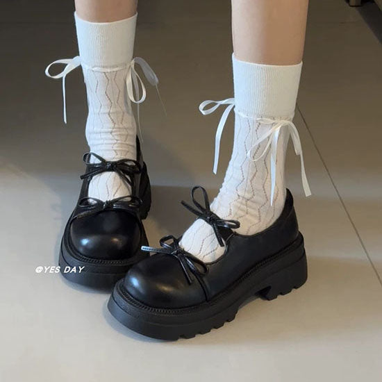 LF かわいい リボン 厚底 レトロ パンプス ローファー