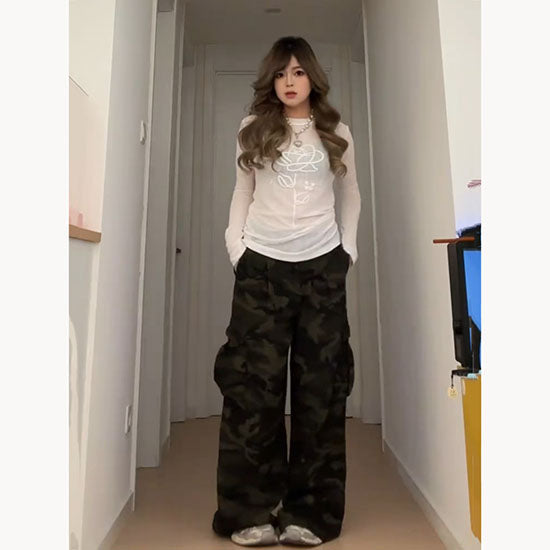LF  カモフラージュカーゴパンツ×シアーロングスリーブトップ カジュアル  ストリート