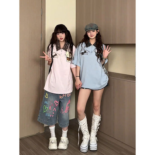 LF04  夏新作  Kitty  ヒョウ柄ポロカラー  Tシャツ  ゆったり  かっこかわいい