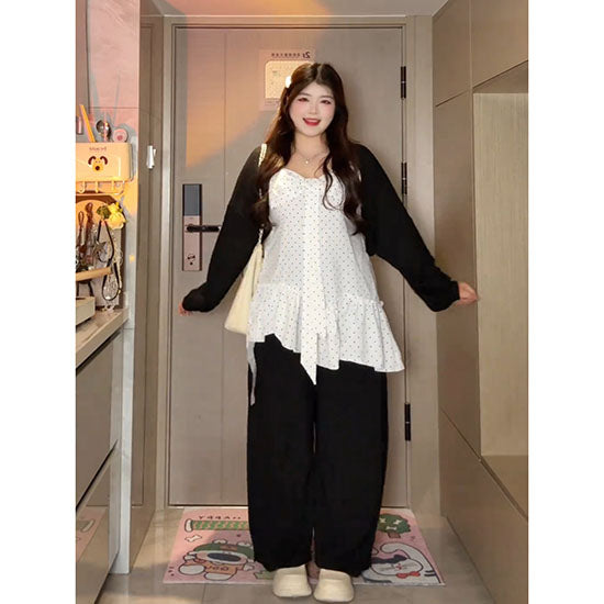 LF ふわっと柔らか ゆったりカーディガン ドットキャミ ワイドパンツ 3点セットアップ  着痩せ