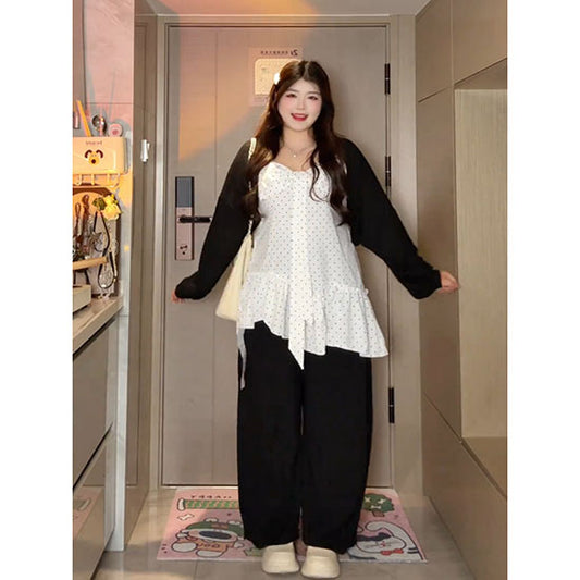 LF ふわっと柔らか ゆったりカーディガン ドットキャミ ワイドパンツ 3点セットアップ  着痩せ