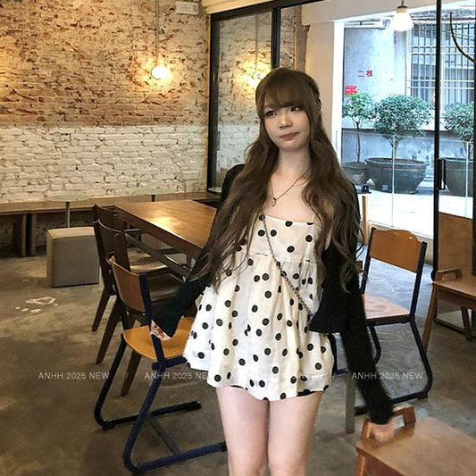 LF  ドットキャミセットアップ カーディガン+キャミ+ショーツ 甘め カジュアル 春夏コーデ