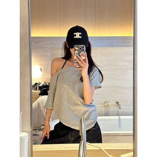 LF  ゆったり  カジュアル  斜め肩Tシャツ  オフショルダー 着痩せ  トップス Anne