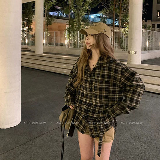 LF  ベルト付き オーバーサイズ チェックシャツ 長袖 韓国風 カジュアル レディース