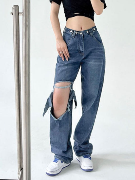 XYW  ダメージジーンズ   ハイウエスト  ストレートパンツ  ゆったり  着やせ  かっこいい