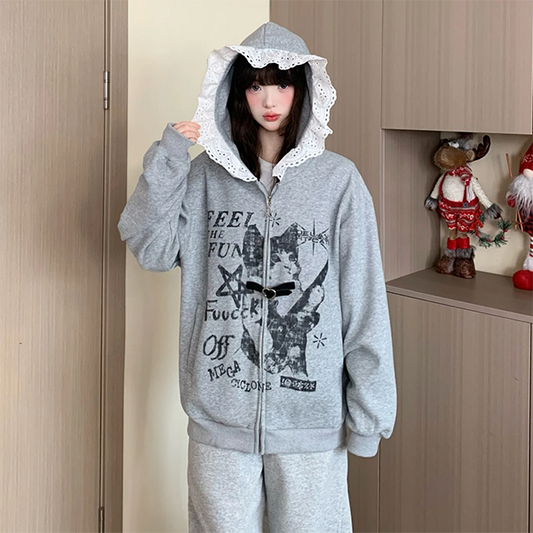 LF04  カーディガン  フード付き  つばレース切替  かっこかわいい