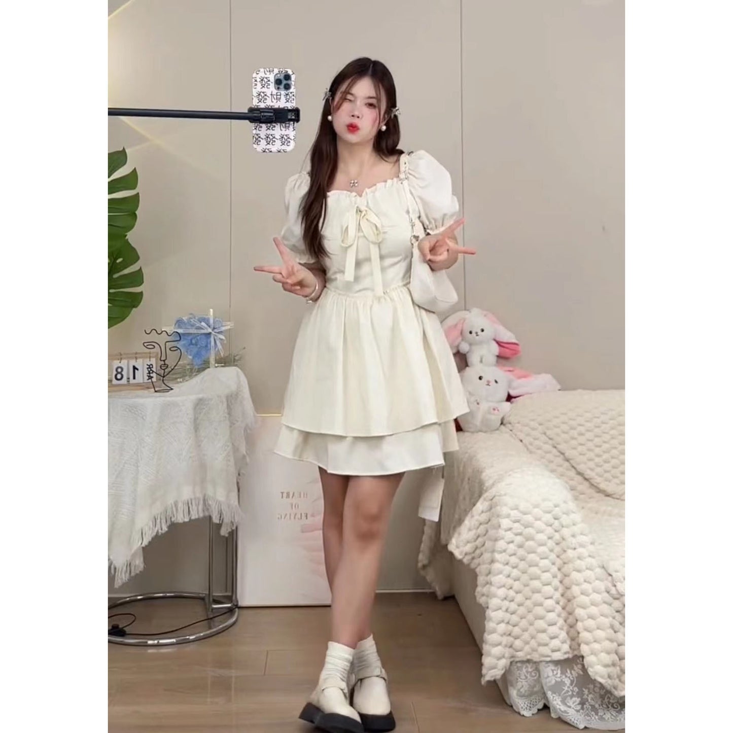 XYW  夏  ホワイトワンピース   リボン  ふわふわ   かわいい   優しい