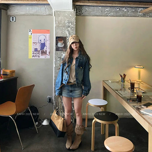 LF  ヴィンテージ風デニムジャケット+ハイウエストスカパン セットアップ 細見せ 脚長効果 アメカジ カジュアル