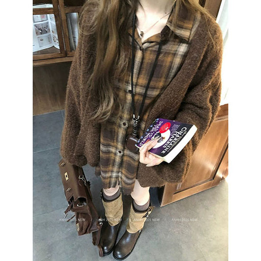 LF  レトロ  チェック柄  長袖シャツ  ゆったり  ニットカーディガン  セーターコート  着痩せ