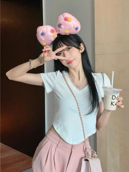 XYW  Vネック  不規則な裾  ショート  Tシャツ  全5色