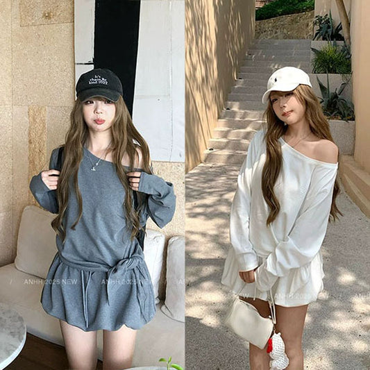 LF  大人可愛い アシメトップス スカート セット 2色 韓国風 カジュアル