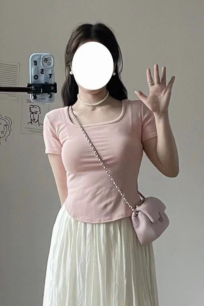 XYW  ピンク  スクエアネック  Tシャツ  +  チュールロングスカート  優しそうで上品