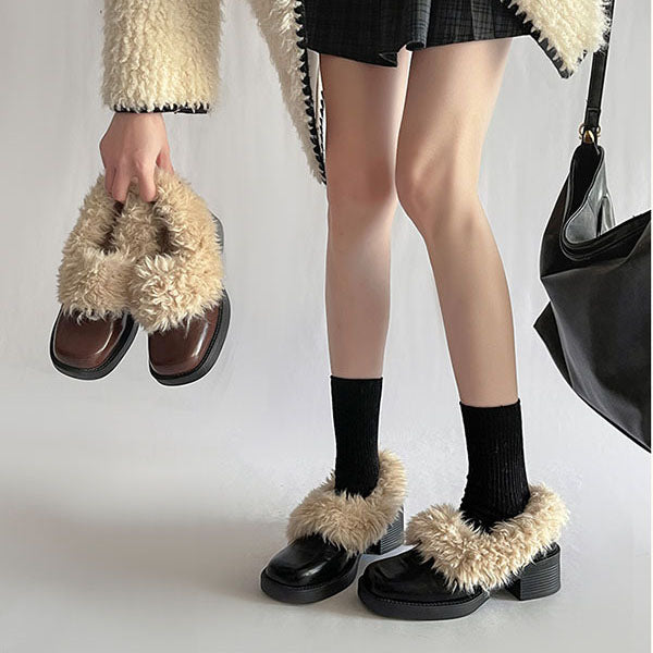 LF  ボア縁  レザーシューズ  パンプス  太ヒール
