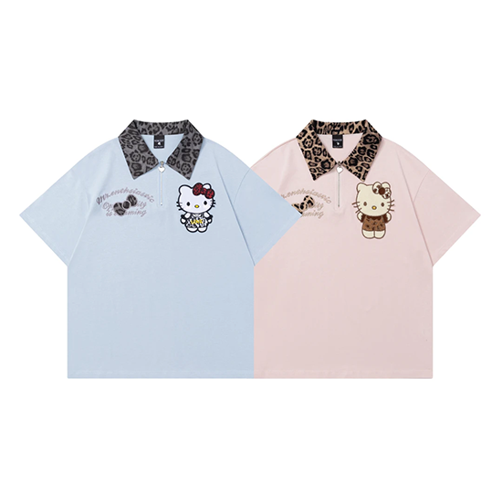 LF04  夏新作  Kitty  ヒョウ柄ポロカラー  Tシャツ  ゆったり  かっこかわいい