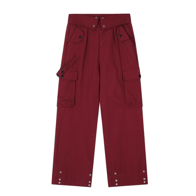 LF04  レッド  カーゴパンツ  ハイウエスト  ウエストデザイン  ストリート  かっこかわいい