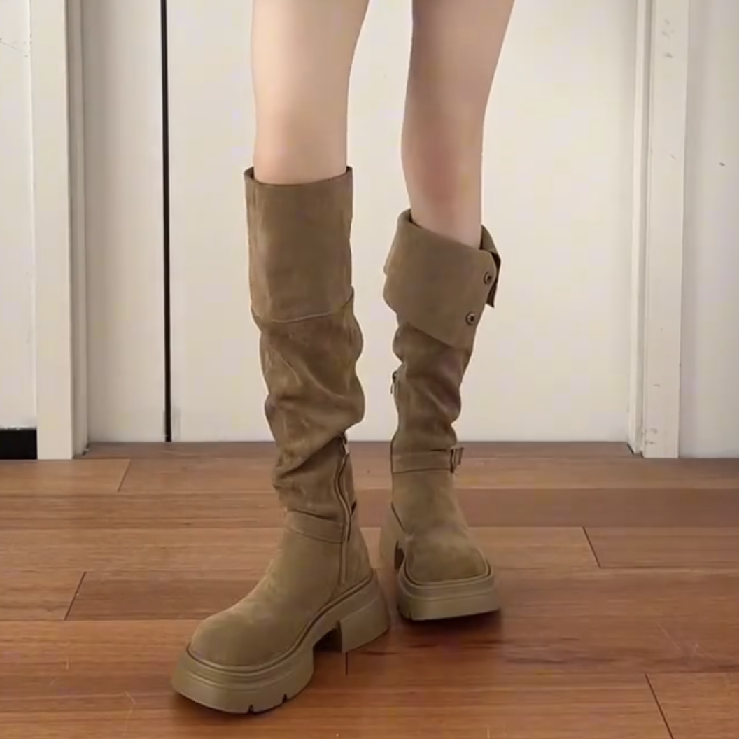 LF02 レトロ  2 WAY ロングブーツ  厚底  スエード  ニーハイブーツ