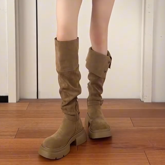LF02 レトロ  2 WAY ロングブーツ  厚底  スエード  ニーハイブーツ