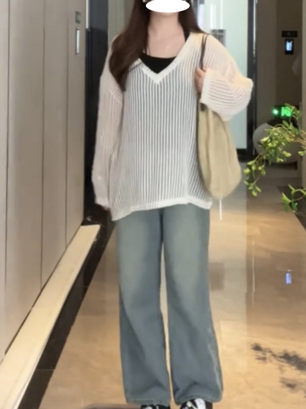 大サイズ ストレートジーンズ  ハイウエストゆったり着やせワイドパンツ キャミソール+透かし彫り日焼け止めブラウスセットおしゃれな2点セットX15