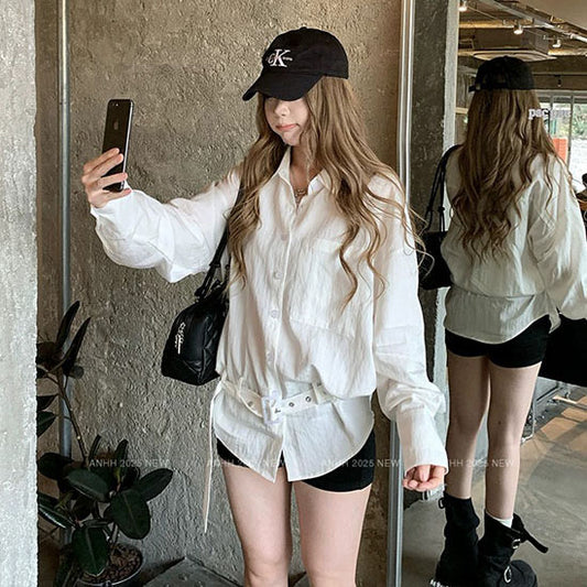 LF  ベルトデザイン オーバーサイズ ロングシャツ ホワイト カジュアル デイリー 春コーデ