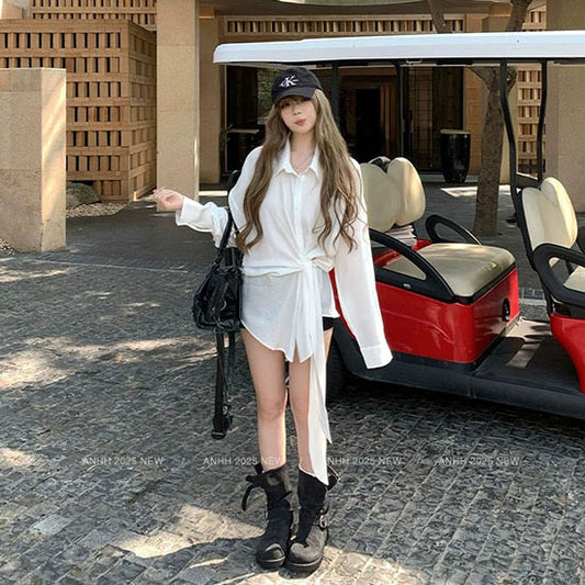 LF  韓国風 ロングシャツ オーバーサイズ ツイストデザイン 長袖 カジュアル トップス