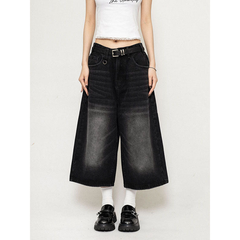LF04  アメリカン  レトロ  ジーンズ  ゆったり  クロップドパンツ ブラックグレー