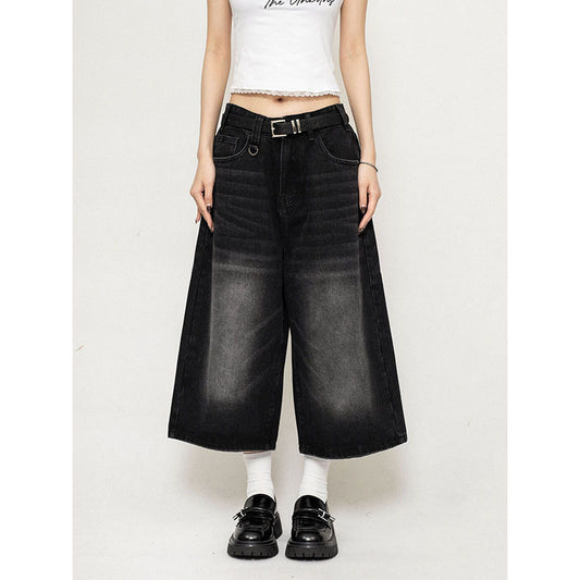 LF04  アメリカン  レトロ  ジーンズ  ゆったり  クロップドパンツ ブラックグレー