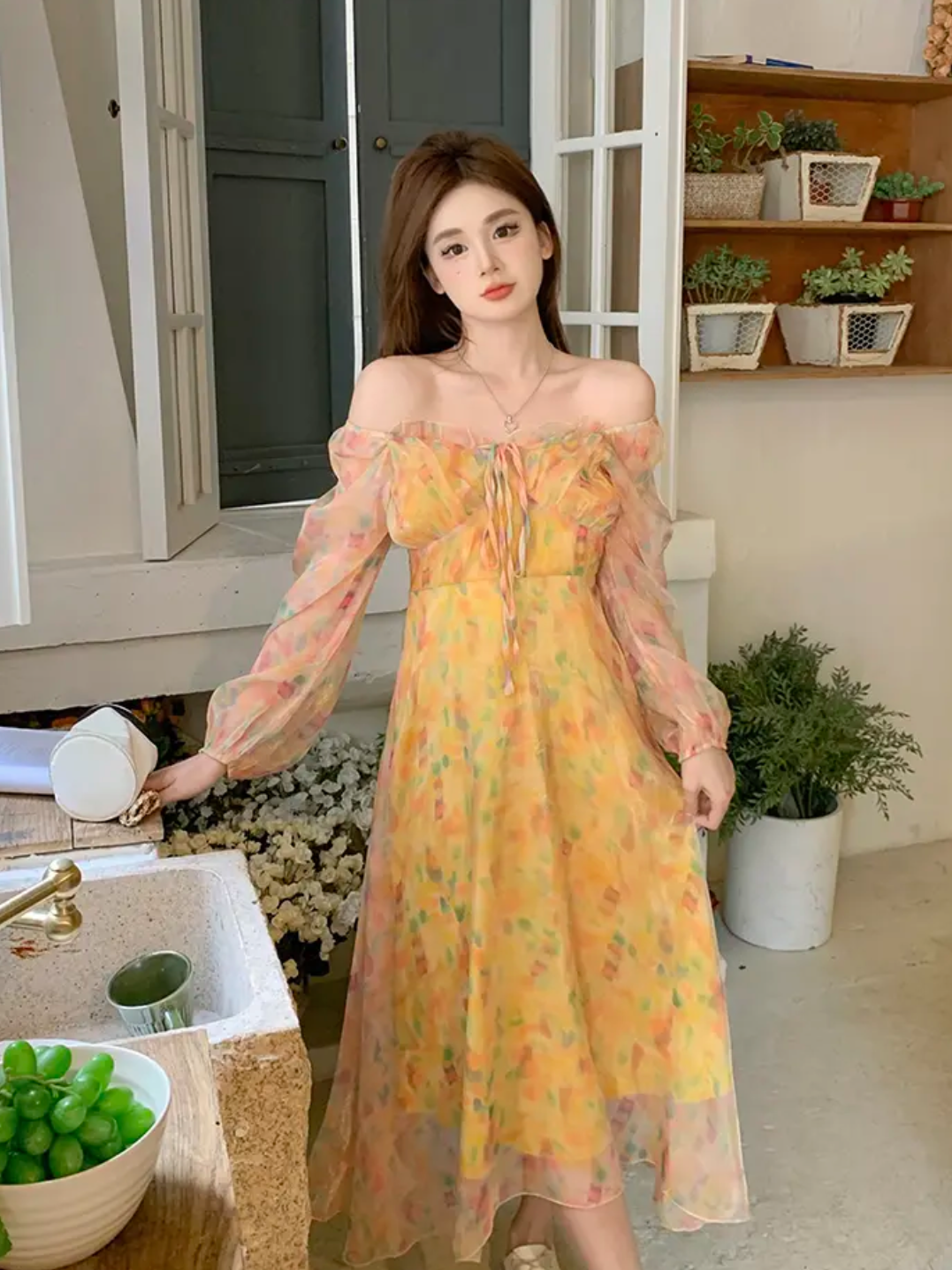 XYW  春夏新作  長袖  薄手  シフォン  花柄  オフショルダー  チュールワンピース