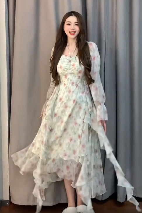 XYW  春夏  長袖  薄手  シフォン  ふりふり  ピンクグリーン  花柄  チュールワンピース