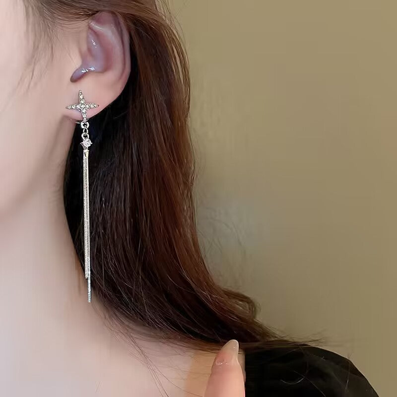 YQQ  キラキラ スター 非対称タッセルピアス