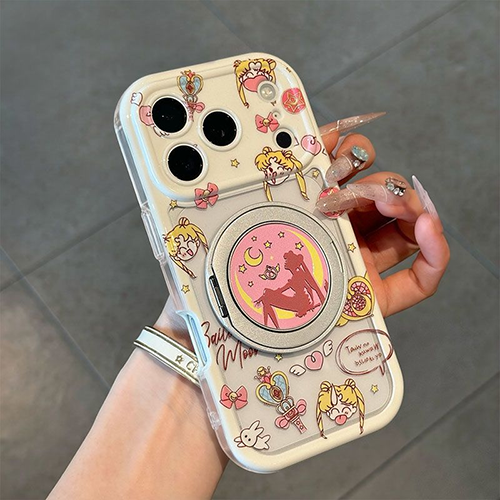 LF アニメ風 ムーンガール クリアスマホケース 360°回転リングスタンド付き 耐衝撃 かわいい