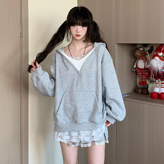 LF04  フェイクレイヤード  フード付きパーカー  レース切替  スカート  かわいい  セット