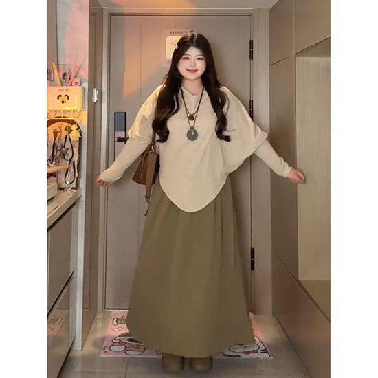 LF  フェイクレイヤードトップス+ハイウエストロングスカートセット 通勤デート服セット