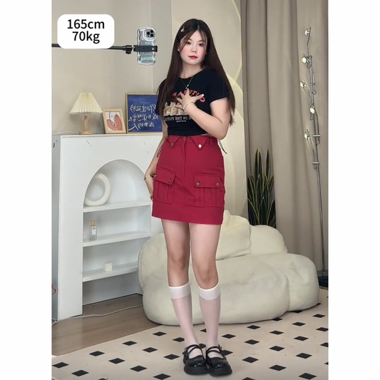 【予約】XYW  ドローストリング ギャザー ブラッククロップド Tシャツ + レッドスカート  セット  ギャル