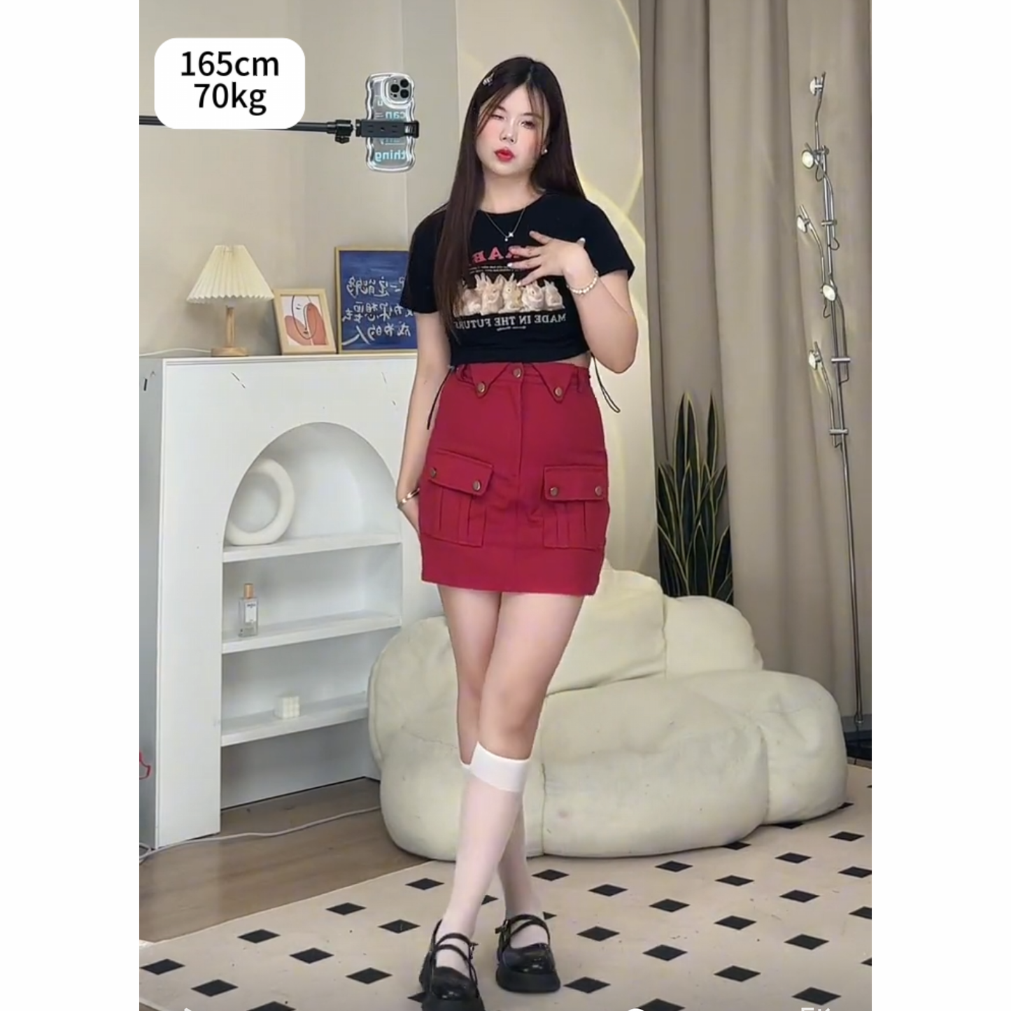 【予約】XYW  ドローストリング ギャザー ブラッククロップド Tシャツ + レッドスカート  セット  ギャル