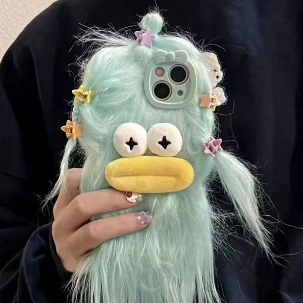 LF モコモコ  携帯ケース  長毛 大口怪獣  スマホケース  携帯電話ケース  コーム+バレッタ付